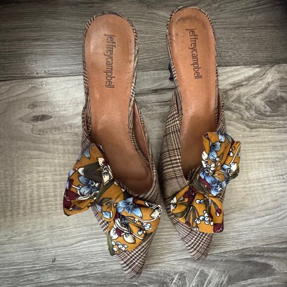 Jeffrey Campbell Adorn Plaid Bow Heeled Mules Womens 7 Pointed Toe GUC - Picture 1 of 5